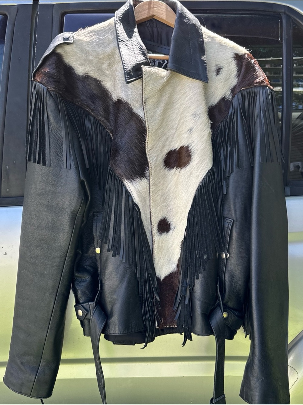 Black Leather Fringe Jacket with Cowhide Panel